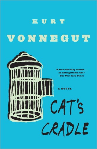 The cover of Cat's Cradle by Kurt Vonnegut. An empty birds cage sits on a blue background