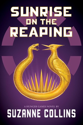The cover of Sunrise On The Reaping by Suzanne Collins. A golden horseshoe pendant rests atop a purple background. One side of the pendant contains a snake and the other contains a bird